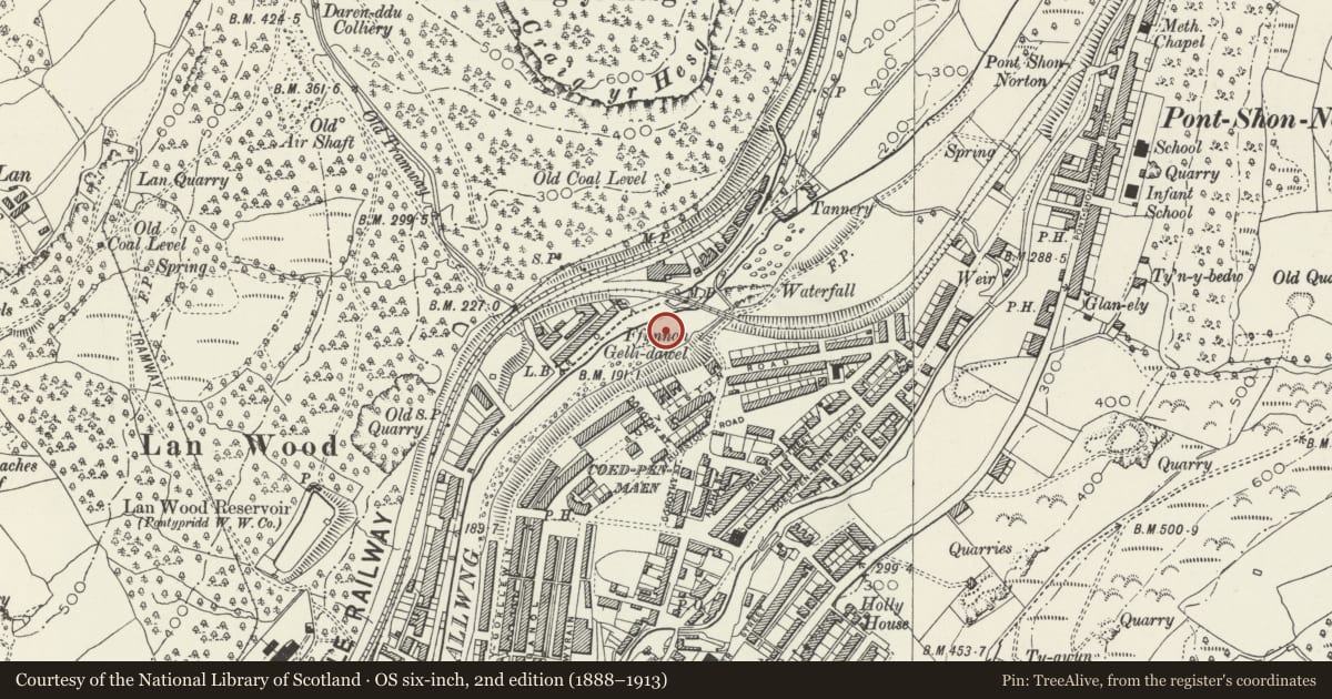 Ordnance Survey six-inch map, 2nd edition (1888–1913) covering the location of White Bridge (also known as Berw Bridge), Pontypridd, Rhondda Cynon Taff, with a pin at the register's coordinates