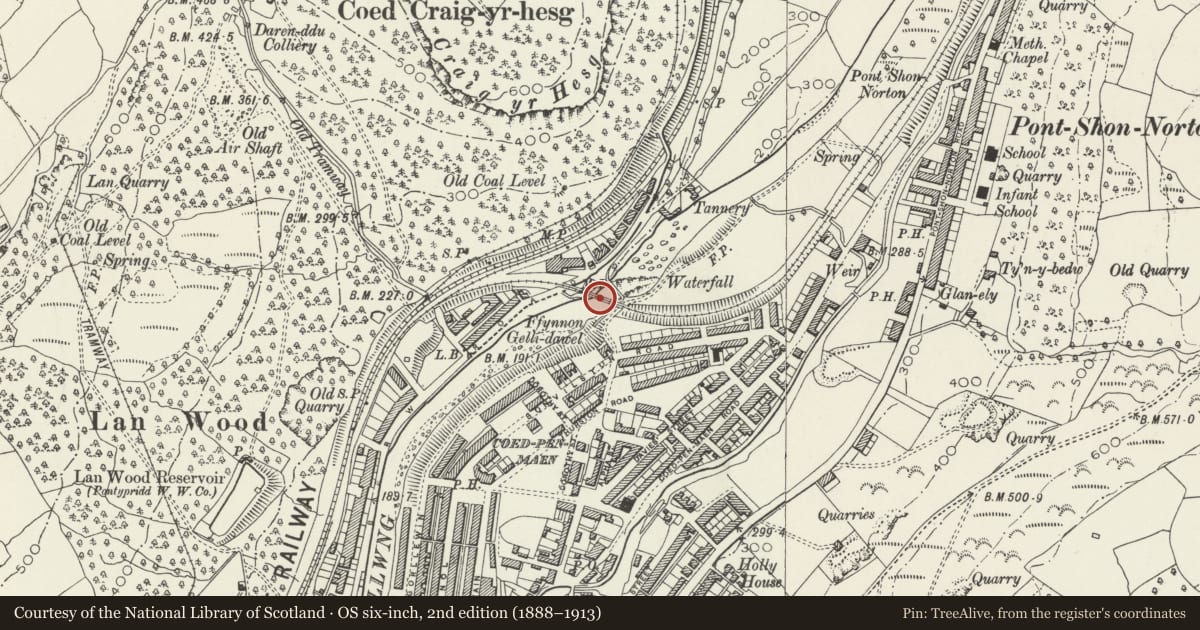 Ordnance Survey six-inch map, 2nd edition (1888–1913) covering the location of Taff Vale Railway Viaduct over River Taff, Pontypridd, Rhondda Cynon Taff, with a pin at the register's coordinates