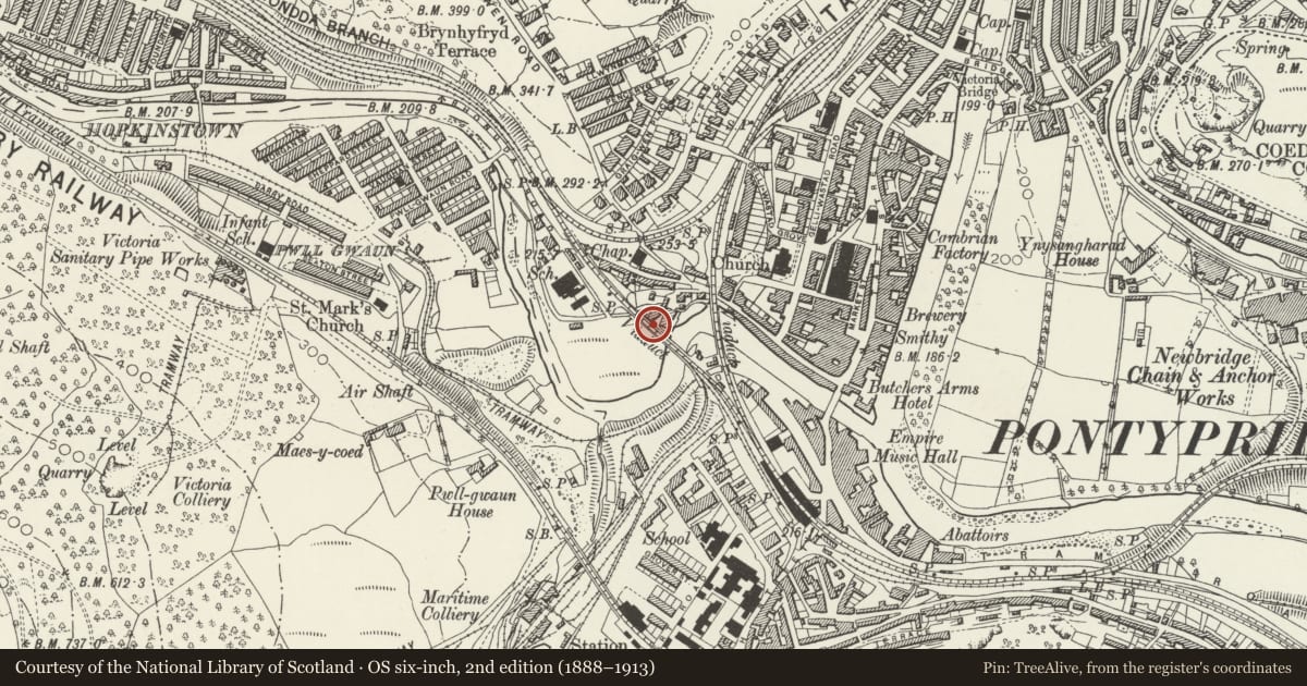 Ordnance Survey six-inch map, 2nd edition (1888–1913) covering the location of Railway Viaduct over River Rhondda, Pontypridd, Rhondda Cynon Taff, with a pin at the register's coordinates