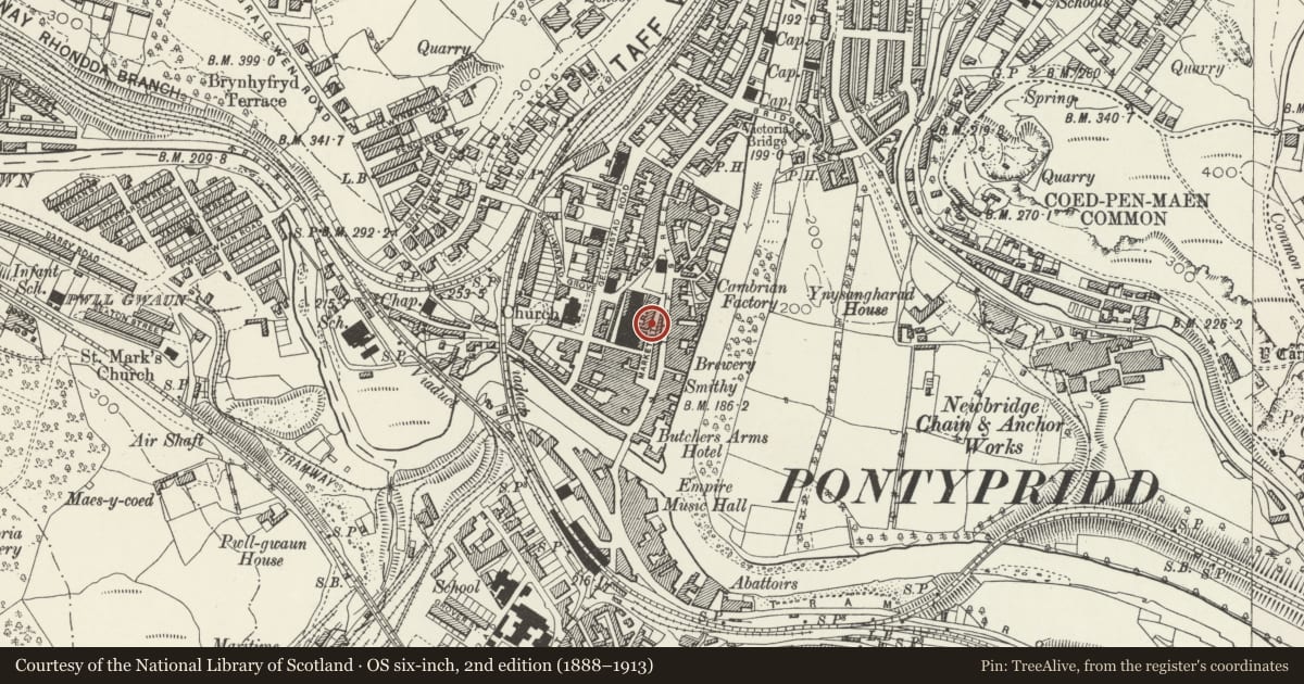 Ordnance Survey six-inch map, 2nd edition (1888–1913) covering the location of Market Tavern Hotel, Pontypridd, Rhondda Cynon Taff, with a pin at the register's coordinates