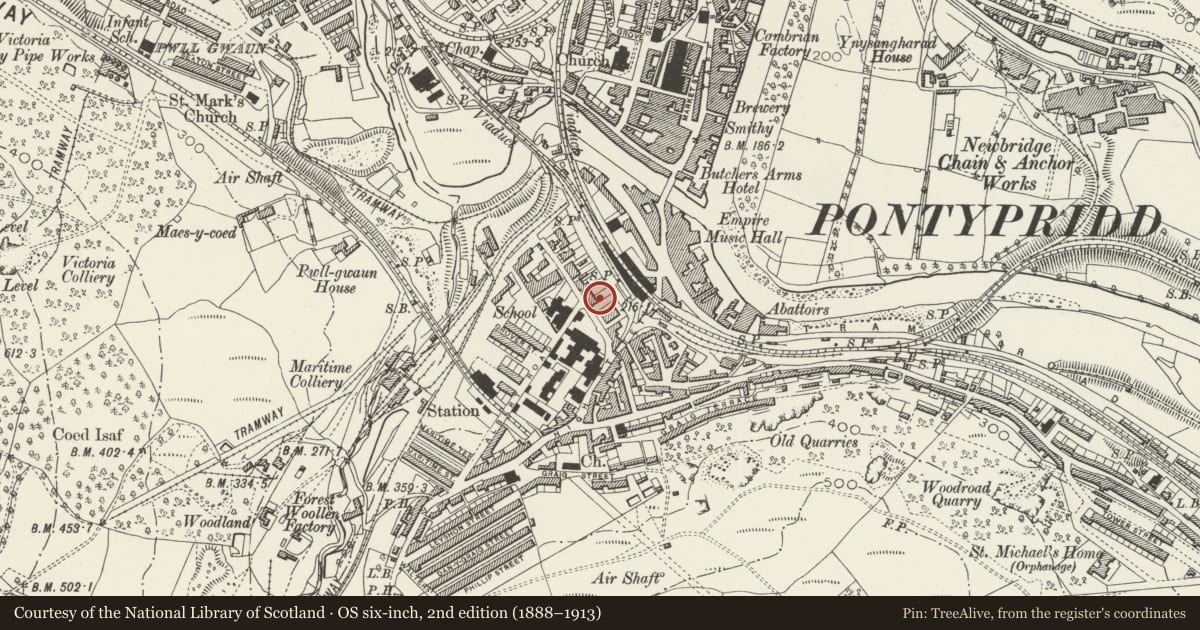 Ordnance Survey six-inch map, 2nd edition (1888–1913) covering the location of Pontypridd Register Office, Rhondda Cynon Taff, with a pin at the register's coordinates