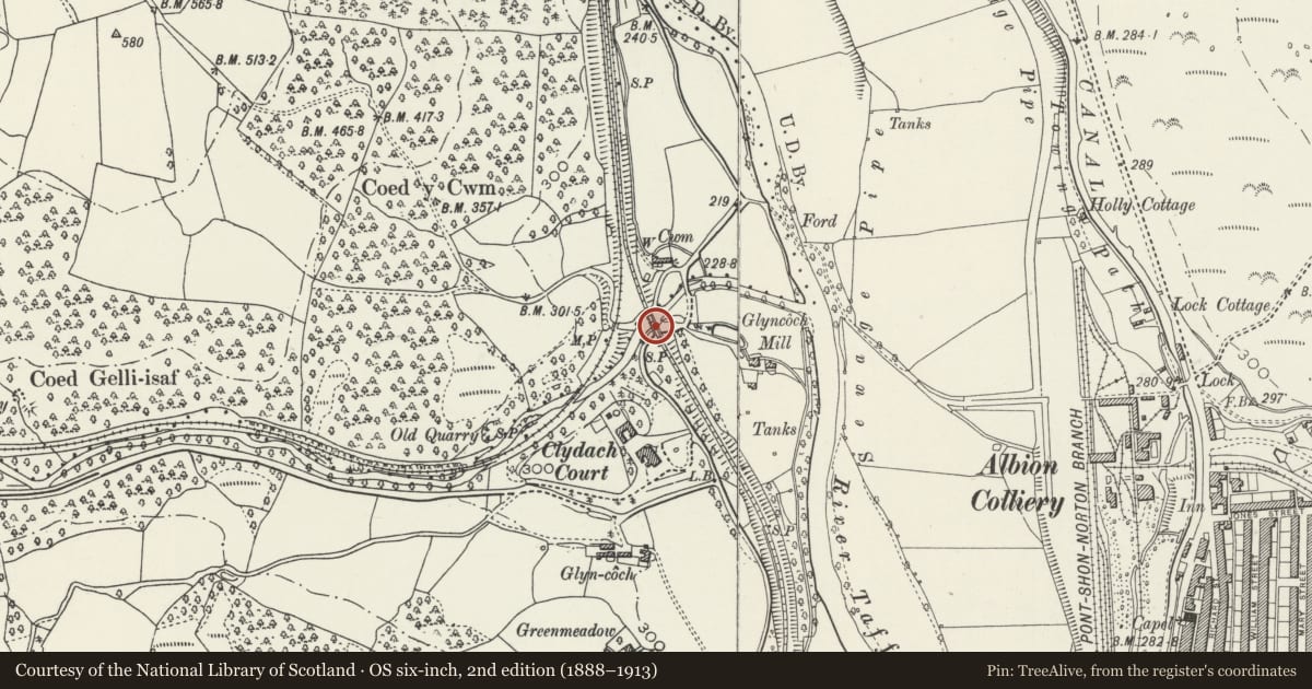 Ordnance Survey six-inch map, 2nd edition (1888–1913) covering the location of Railway Viaduct over Nant Clydach (partly in Abercynon Community), Pontypridd, Rhondda Cynon Taff, with a pin at the register's coordinates
