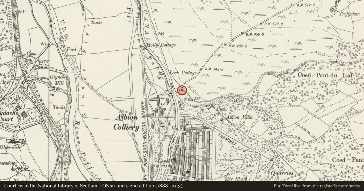 Ordnance Survey six-inch map, 2nd edition (1888–1913) covering the location of Cilfynydd War Memorial, Pontypridd, Rhondda Cynon Taff, with a pin at the register's coordinates