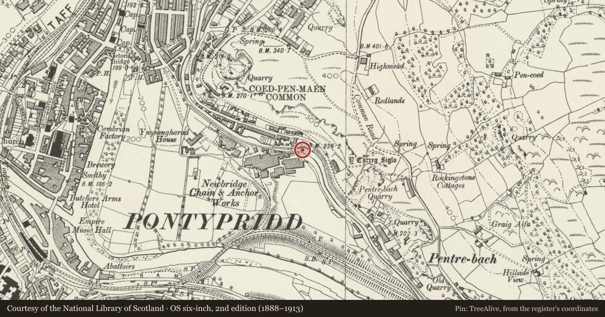 Ordnance Survey six-inch map, 2nd edition (1888–1913) covering the location of Newbridge Chainworks Canal Basin on the Glamorganshire Canal, Pontypridd, Rhondda Cynon Taff, with a pin at the register's coordinates