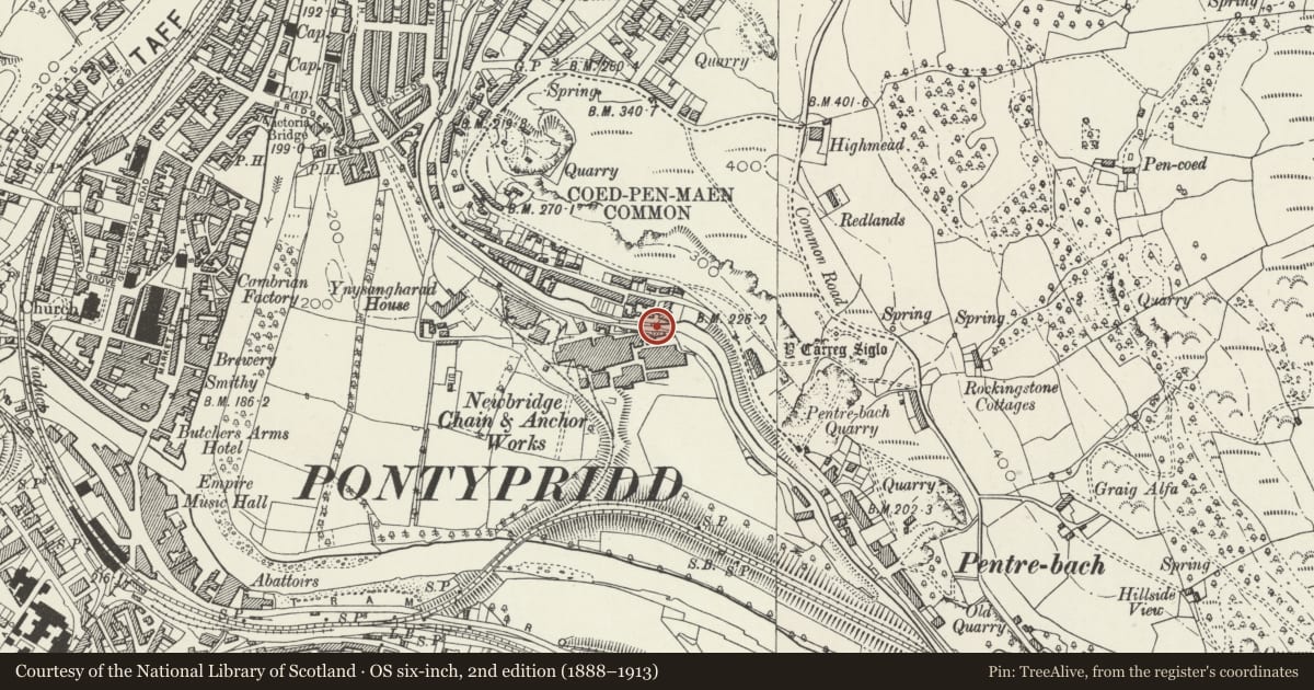 Ordnance Survey six-inch map, 2nd edition (1888–1913) covering the location of Bridge over Glamorganshire Canal W of Newbridge Chainworks basin, Pontypridd, Rhondda Cynon Taff, with a pin at the register's coordinates