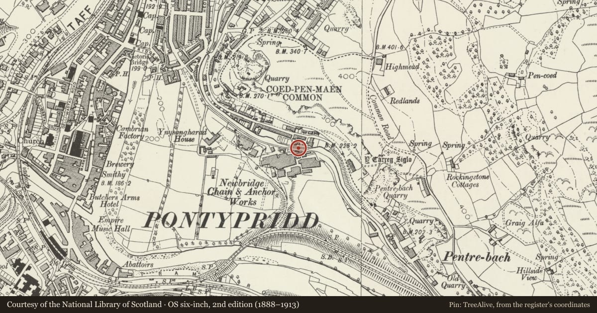 Ordnance Survey six-inch map, 2nd edition (1888–1913) covering the location of Lock Chambers 31 & 32 with attached walls, Glamorganshire Canal, Pontypridd, Rhondda Cynon Taff, with a pin at the register's coordinates