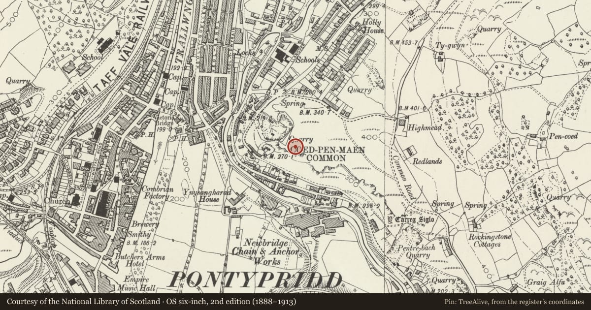 Ordnance Survey six-inch map, 2nd edition (1888–1913) covering the location of Welch Regimental War Memorial, Pontypridd, Rhondda Cynon Taff, with a pin at the register's coordinates