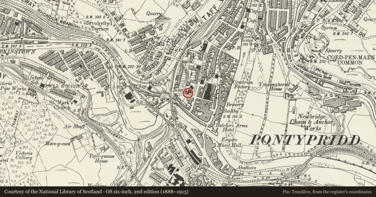 Ordnance Survey six-inch map, 2nd edition (1888–1913) covering the location of St Catherine's Church Parish Rooms, Pontypridd, Rhondda Cynon Taff, with a pin at the register's coordinates