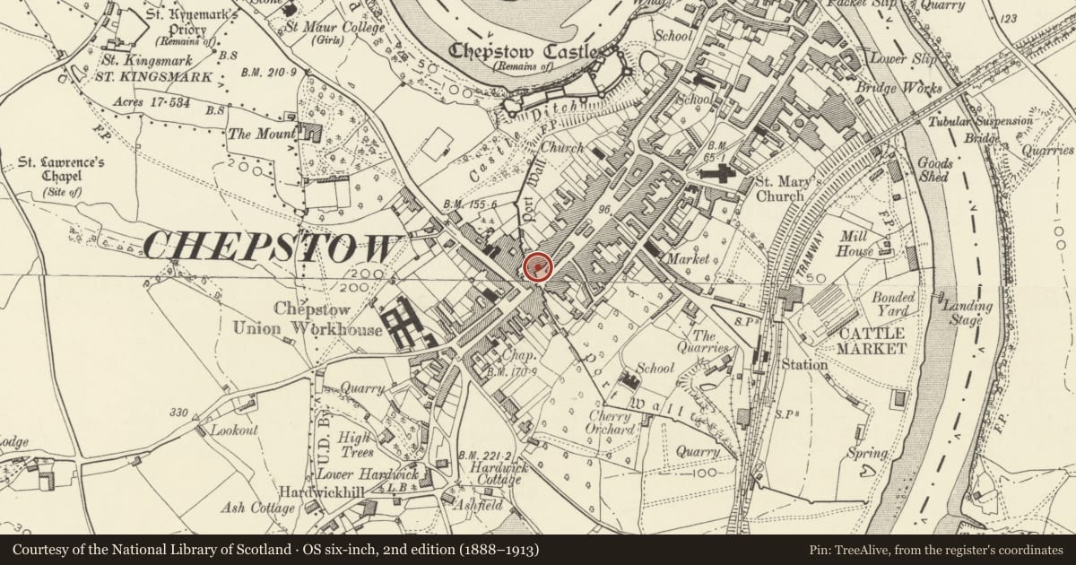 Ordnance Survey six-inch map, 2nd edition (1888–1913) covering the location of 3 Bank Street, Chepstow, Monmouthshire, with a pin at the register's coordinates