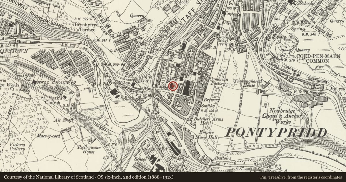 Ordnance Survey six-inch map, 2nd edition (1888–1913) covering the location of Church of St Catherine, Pontypridd, Rhondda Cynon Taff, with a pin at the register's coordinates