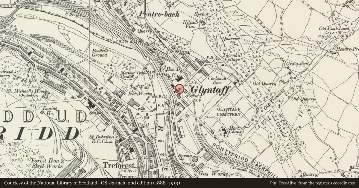 Ordnance Survey six-inch map, 2nd edition (1888–1913) covering the location of Gates and gate piers to Church of St Mary, Pontypridd, Rhondda Cynon Taff, with a pin at the register's coordinates