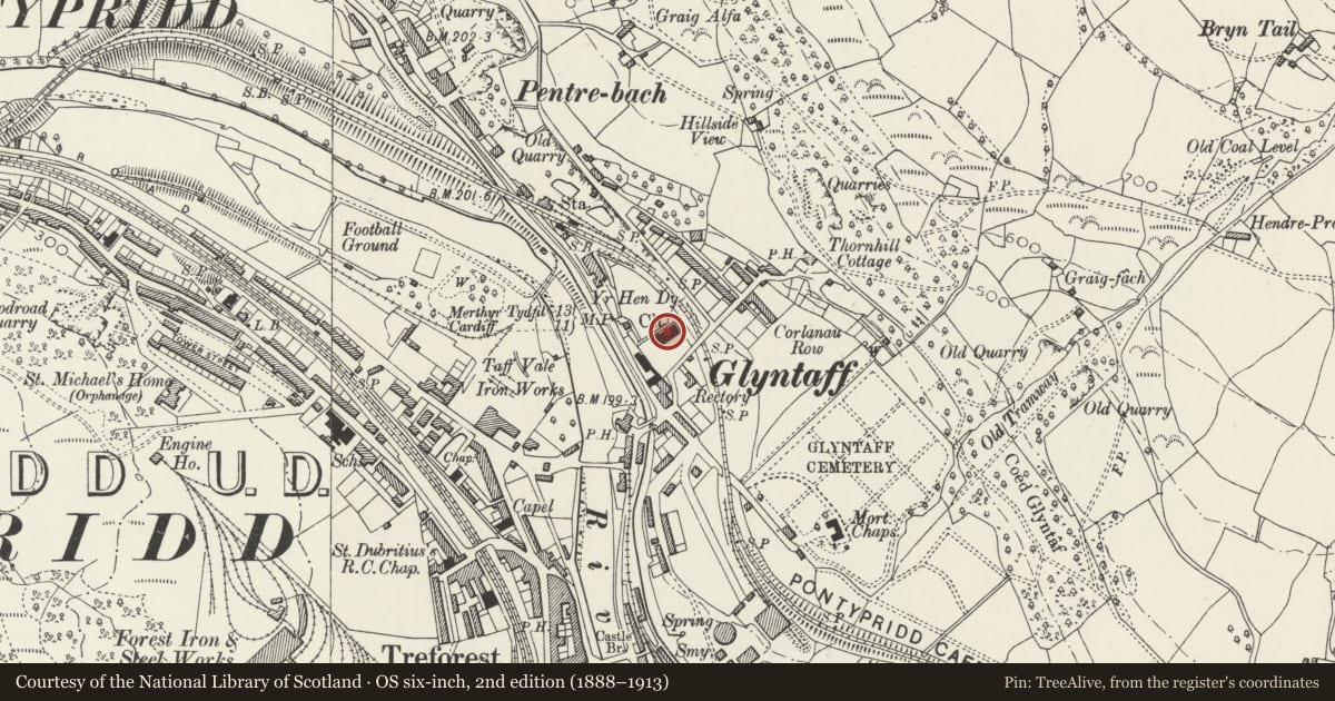 Ordnance Survey six-inch map, 2nd edition (1888–1913) covering the location of Church of St Mary, Pontypridd, Rhondda Cynon Taff, with a pin at the register's coordinates