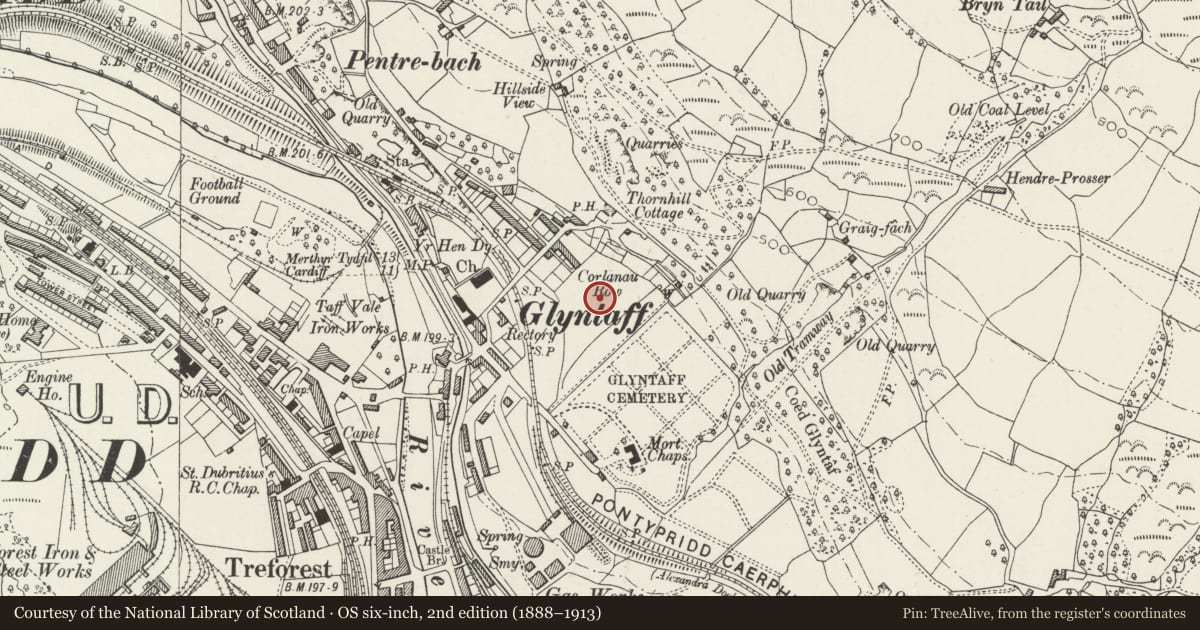Ordnance Survey six-inch map, 2nd edition (1888–1913) covering the location of Glamorgan Centre for Art & Design, Pontypridd, Rhondda Cynon Taff, with a pin at the register's coordinates