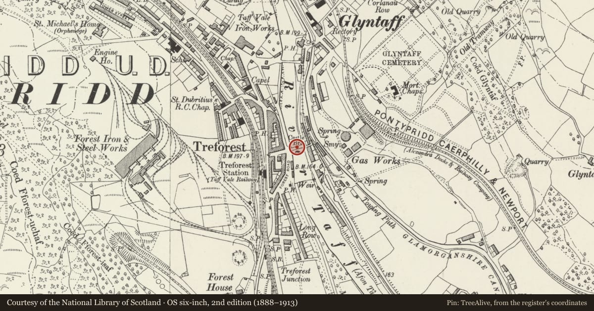 Ordnance Survey six-inch map, 2nd edition (1888–1913) covering the location of Castle Bridge, Pontypridd, Rhondda Cynon Taff, with a pin at the register's coordinates