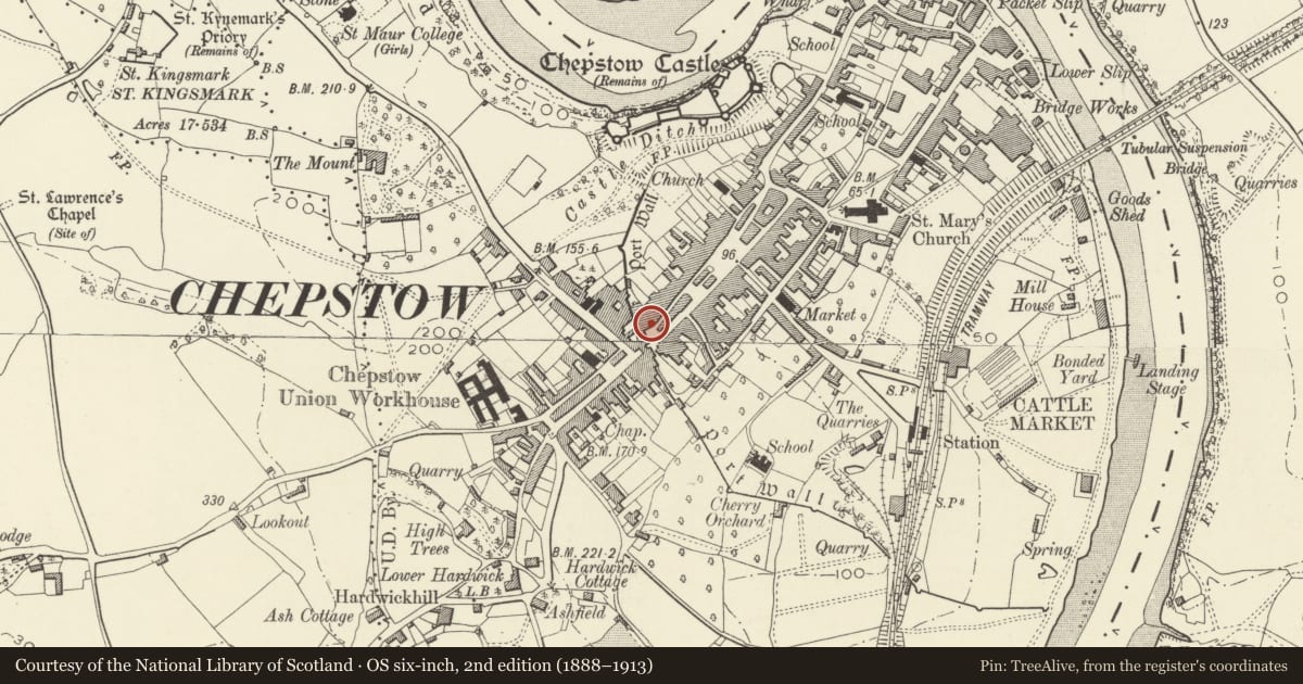 Ordnance Survey six-inch map, 2nd edition (1888–1913) covering the location of 4 Bank Street, Chepstow, Monmouthshire, with a pin at the register's coordinates
