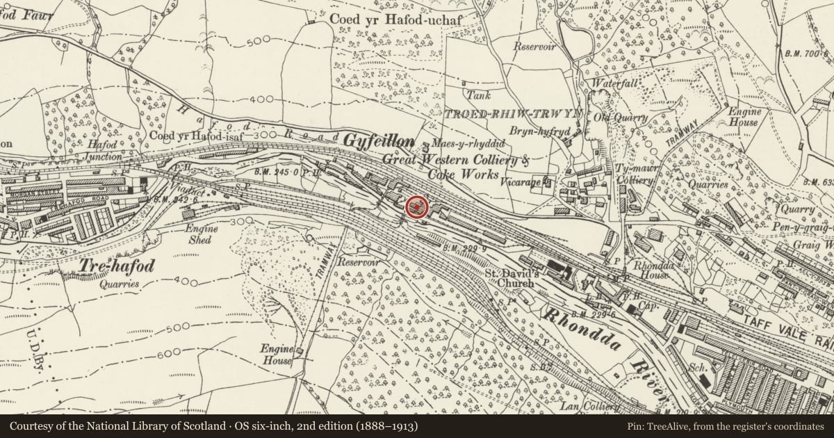 Ordnance Survey six-inch map, 2nd edition (1888–1913) covering the location of Fan House at Hetty Shaft, Pontypridd, Rhondda Cynon Taff, with a pin at the register's coordinates