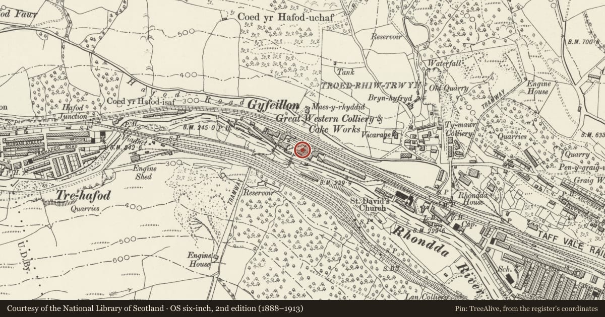 Ordnance Survey six-inch map, 2nd edition (1888–1913) covering the location of Headframe at Hetty Shaft, Pontypridd, Rhondda Cynon Taff, with a pin at the register's coordinates