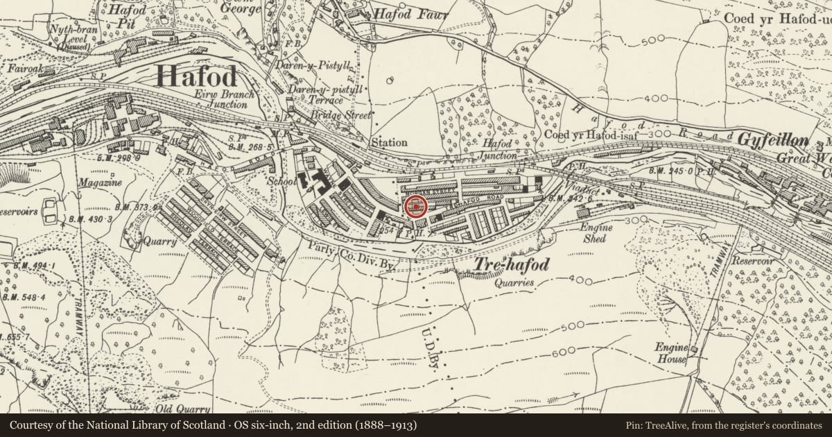 Ordnance Survey six-inch map, 2nd edition (1888–1913) covering the location of Trehafod Memorial Hall and Institute, Rhondda Cynon Taff, with a pin at the register's coordinates