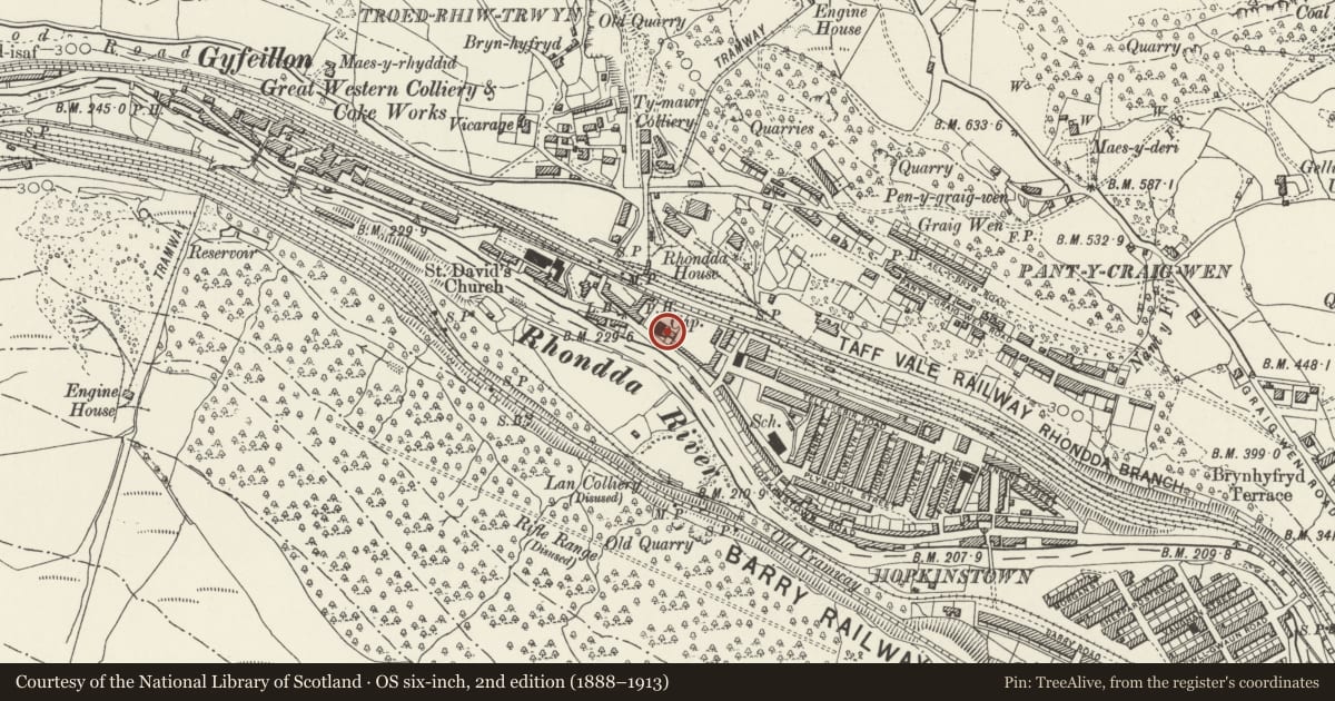 Ordnance Survey six-inch map, 2nd edition (1888–1913) covering the location of Capel Rhondda, including attached Sunday school, Pontypridd, Rhondda Cynon Taff, with a pin at the register's coordinates