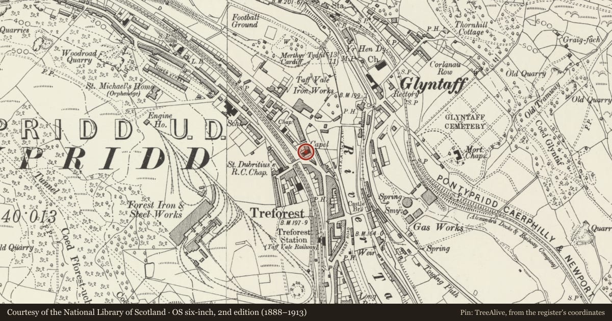 Ordnance Survey six-inch map, 2nd edition (1888–1913) covering the location of Libanus Welsh Baptist Church, Pontypridd, Rhondda Cynon Taff, with a pin at the register's coordinates