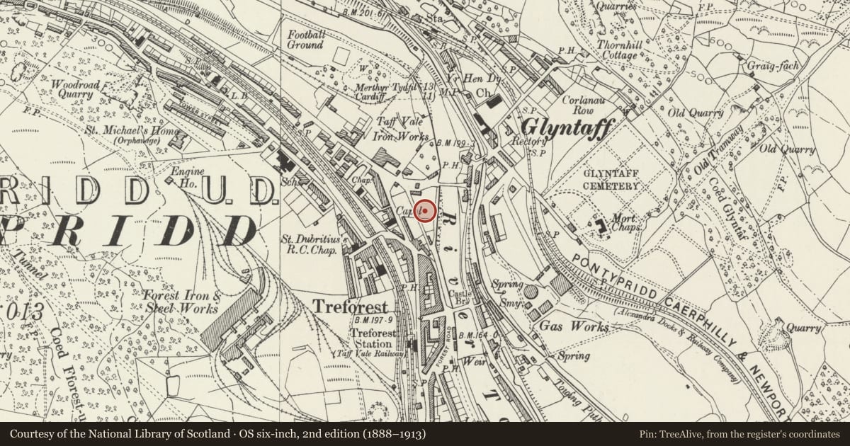 Ordnance Survey six-inch map, 2nd edition (1888–1913) covering the location of Church Hall at Catholic Church of St Dyfrig, Pontypridd, Rhondda Cynon Taff, with a pin at the register's coordinates