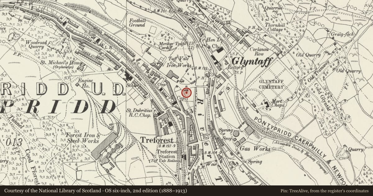 Ordnance Survey six-inch map, 2nd edition (1888–1913) covering the location of Presbytery at Catholic Church of St Dyfrig, Pontypridd, Rhondda Cynon Taff, with a pin at the register's coordinates