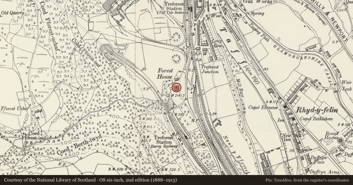 Ordnance Survey six-inch map, 2nd edition (1888–1913) covering the location of Forest House, University of Glamorgan, Pontypridd, Rhondda Cynon Taff, with a pin at the register's coordinates