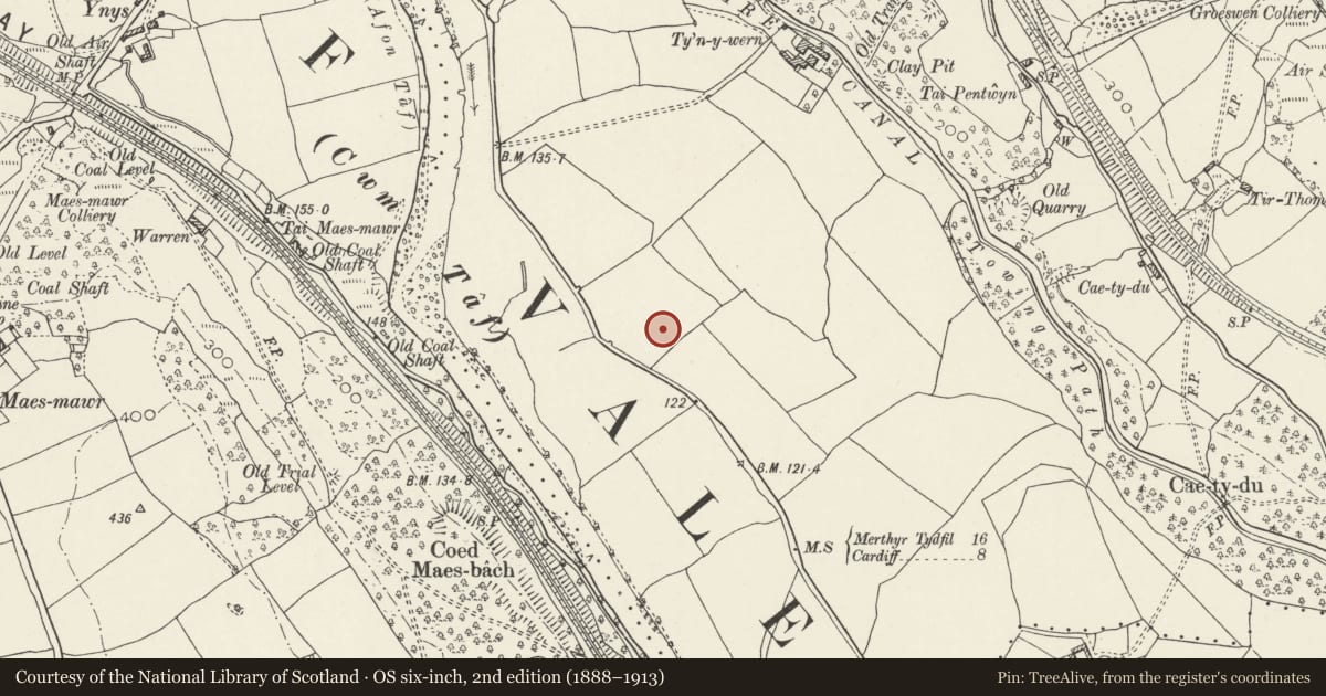 Ordnance Survey six-inch map, 2nd edition (1888–1913) covering the location of Honeywell Power Tools Testing Division, Pontypridd, Rhondda Cynon Taff, with a pin at the register's coordinates
