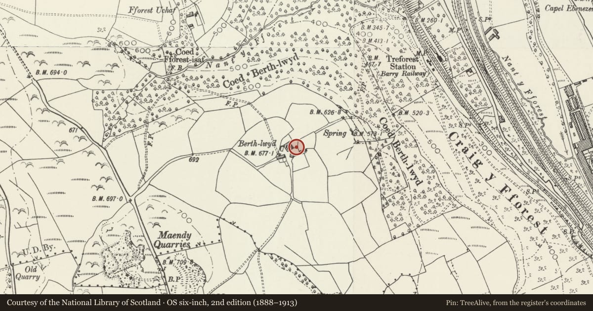 Ordnance Survey six-inch map, 2nd edition (1888–1913) covering the location of Pig Sty at Berthlwyd Farm, Pontypridd, Rhondda Cynon Taff, with a pin at the register's coordinates