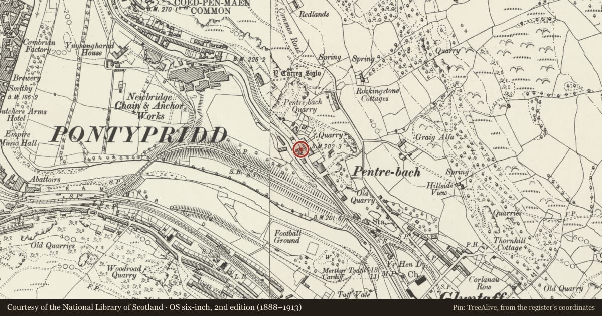 Ordnance Survey six-inch map, 2nd edition (1888–1913) covering the location of 48 Pentrebach Road, Pontypridd, Rhondda Cynon Taff, with a pin at the register's coordinates