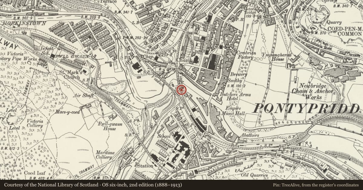 Ordnance Survey six-inch map, 2nd edition (1888–1913) covering the location of Railway Bridge over Sardis Road, Pontypridd, Rhondda Cynon Taff, with a pin at the register's coordinates