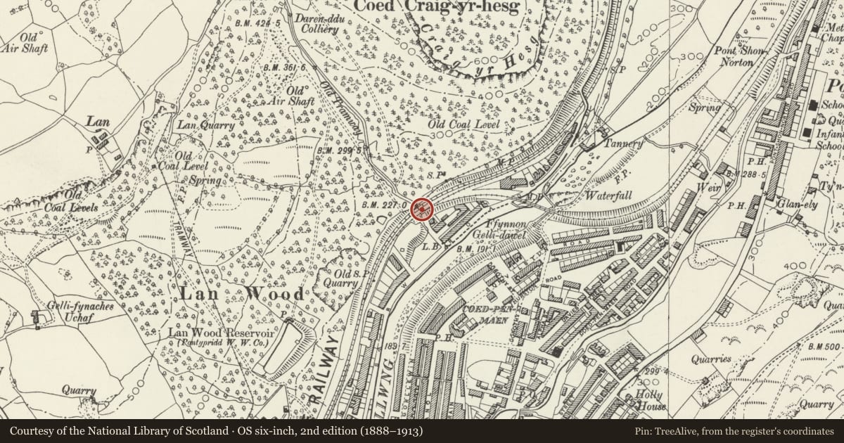 Ordnance Survey six-inch map, 2nd edition (1888–1913) covering the location of Railway Bridge over Graig-yr-Hesg Road, including integral stone drainage channel, Pontypridd, Rhondda Cynon Taff, with a pin at the register's coordinates