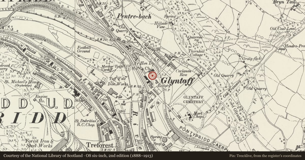 Ordnance Survey six-inch map, 2nd edition (1888–1913) covering the location of Memorial to John Thomas (Ieuan Ddu) in churchyard of Church of St Mary, Pontypridd, Rhondda Cynon Taff, with a pin at the register's coordinates