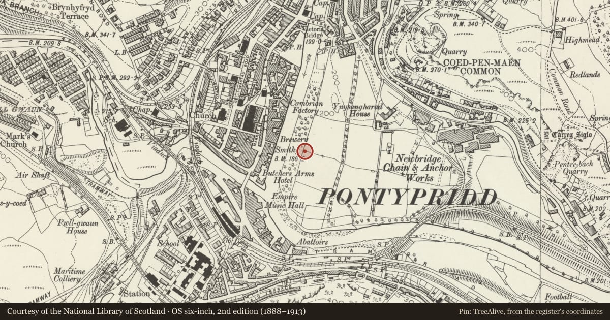 Ordnance Survey six-inch map, 2nd edition (1888–1913) covering the location of Lido at Ynysangharad Park, Pontypridd, Rhondda Cynon Taff, with a pin at the register's coordinates