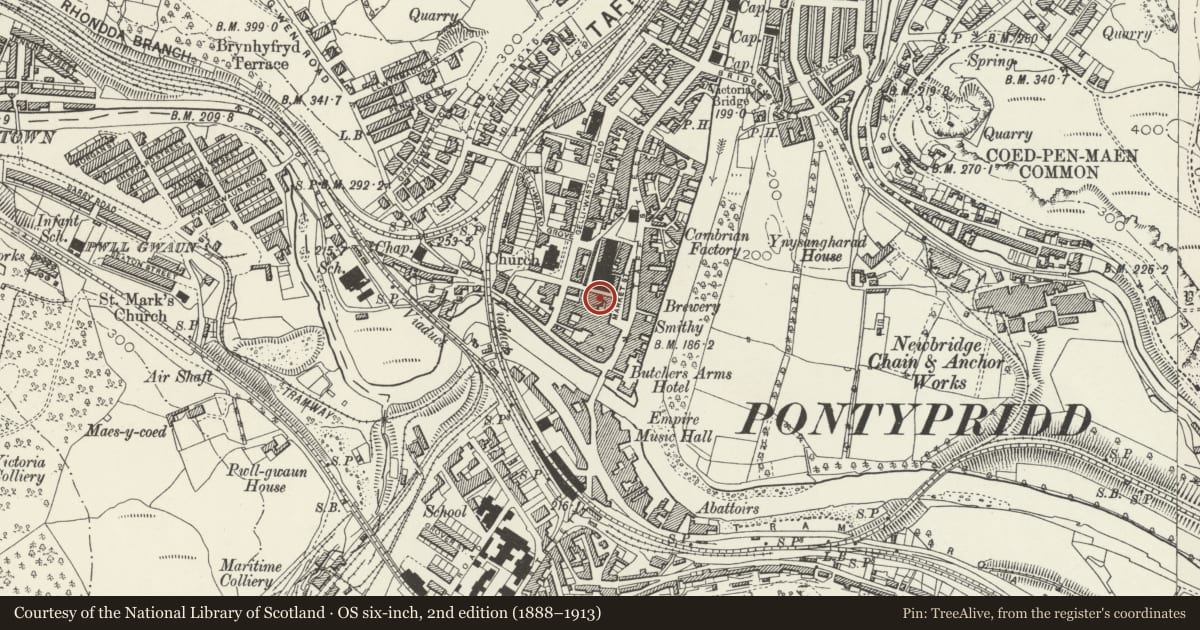 Ordnance Survey six-inch map, 2nd edition (1888–1913) covering the location of 7 Church Street, Pontypridd, Rhondda Cynon Taff, with a pin at the register's coordinates