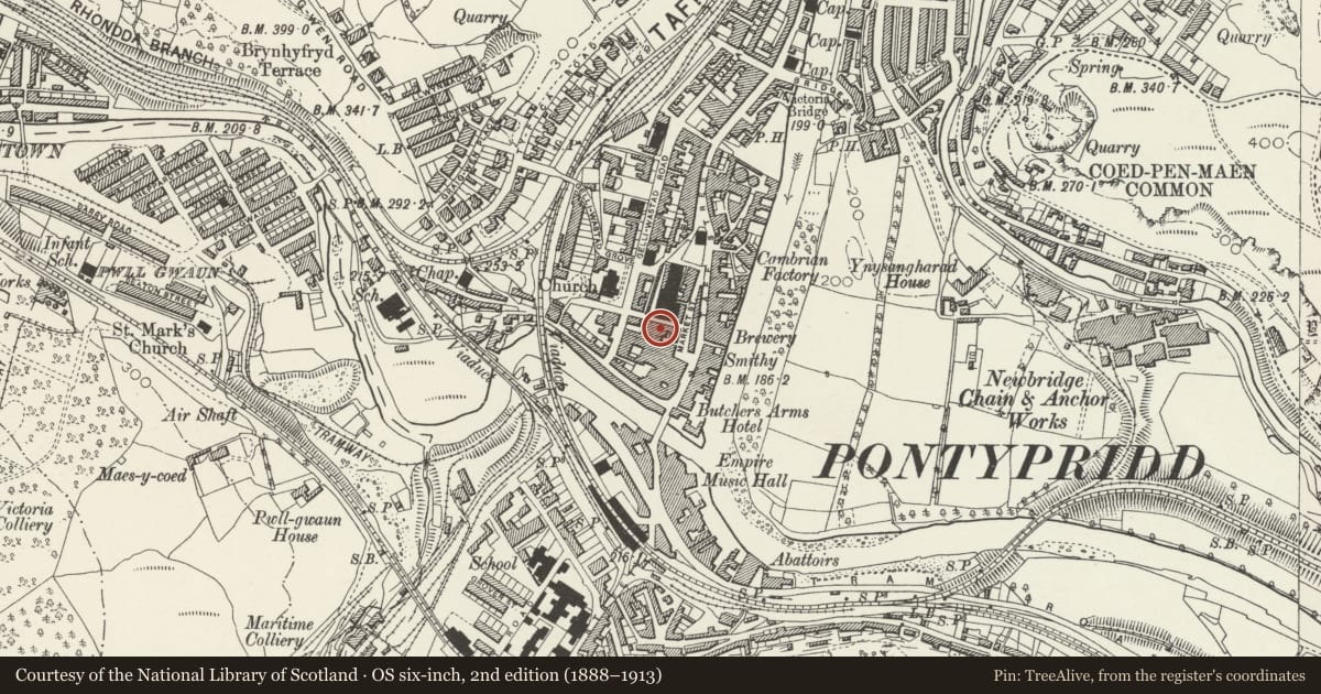 Ordnance Survey six-inch map, 2nd edition (1888–1913) covering the location of 8 Church Street, Pontypridd, Rhondda Cynon Taff, with a pin at the register's coordinates