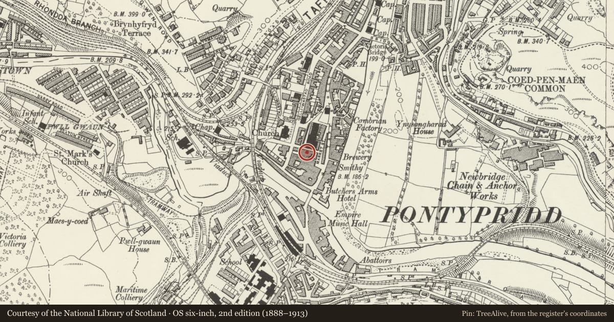 Ordnance Survey six-inch map, 2nd edition (1888–1913) covering the location of 9 Church Street, Pontypridd, Rhondda Cynon Taff, with a pin at the register's coordinates
