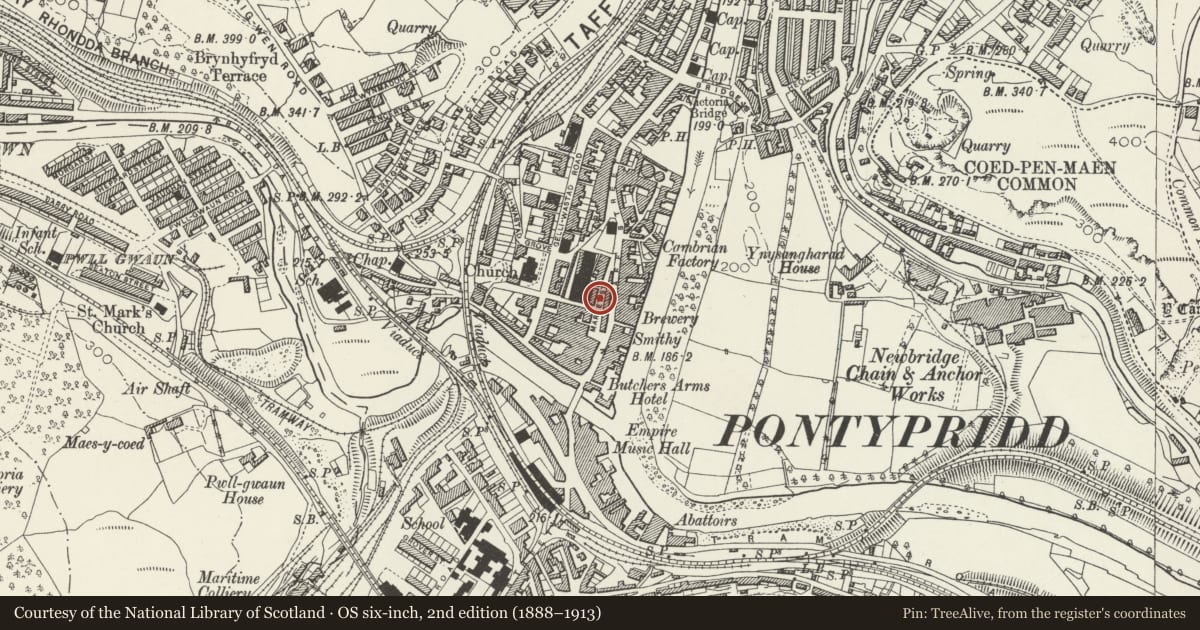 Ordnance Survey six-inch map, 2nd edition (1888–1913) covering the location of The Arcade, Pontypridd, Rhondda Cynon Taff, with a pin at the register's coordinates