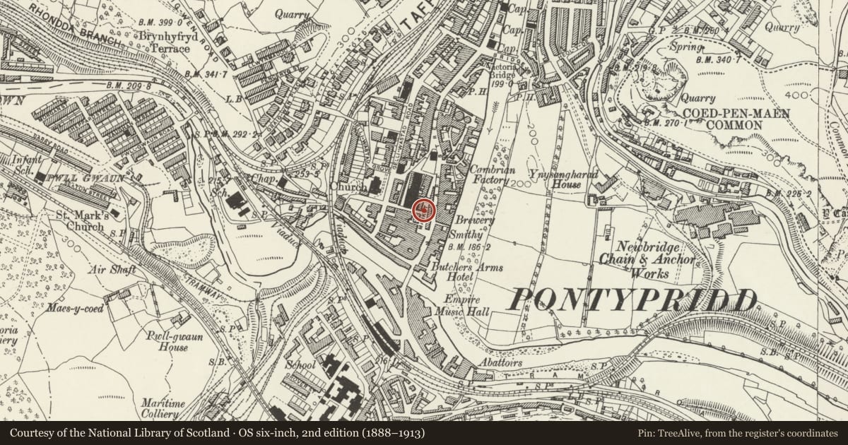 Ordnance Survey six-inch map, 2nd edition (1888–1913) covering the location of Le Crazy Croissant, Pontypridd, Rhondda Cynon Taff, with a pin at the register's coordinates
