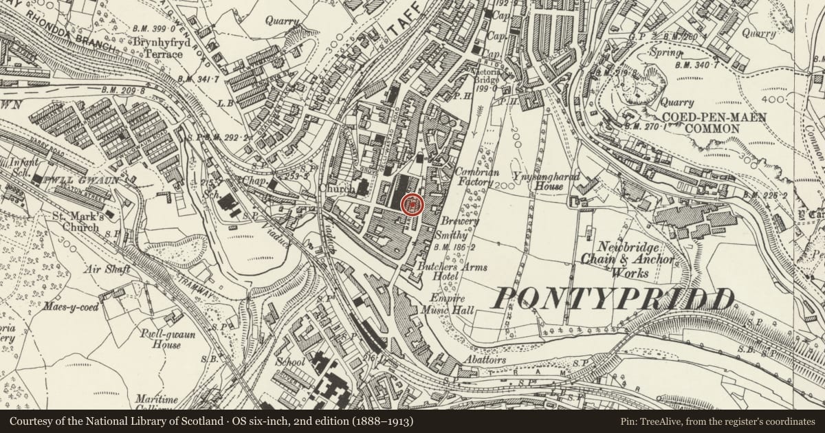 Ordnance Survey six-inch map, 2nd edition (1888–1913) covering the location of La Chop, Pontypridd, Rhondda Cynon Taff, with a pin at the register's coordinates