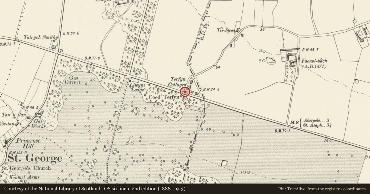Ordnance Survey six-inch map, 2nd edition (1888–1913) covering the location of Terfyn Wellhead, Bodelwyddan, Denbighshire, with a pin at the register's coordinates