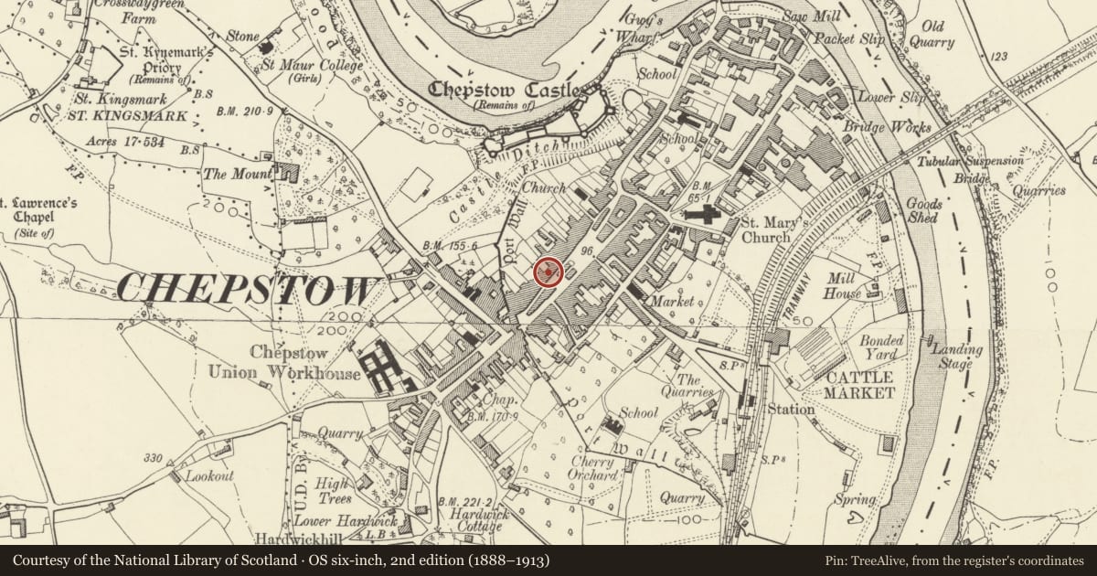 Ordnance Survey six-inch map, 2nd edition (1888–1913) covering the location of 10 Bank Street, Chepstow, Monmouthshire, with a pin at the register's coordinates