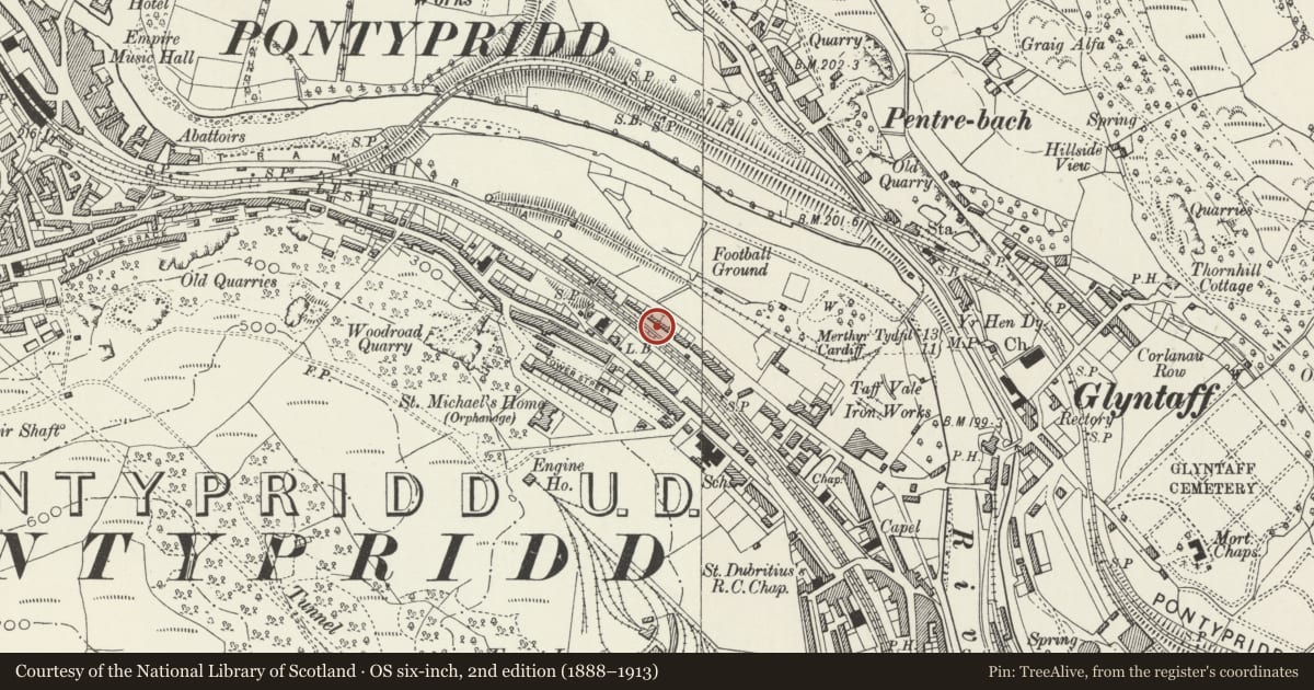 Ordnance Survey six-inch map, 2nd edition (1888–1913) covering the location of 169 Broadway, Pontypridd, Rhondda Cynon Taff, with a pin at the register's coordinates