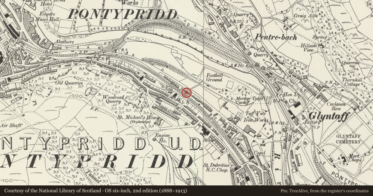 Ordnance Survey six-inch map, 2nd edition (1888–1913) covering the location of 172-3 Broadway, Pontypridd, Rhondda Cynon Taff, with a pin at the register's coordinates