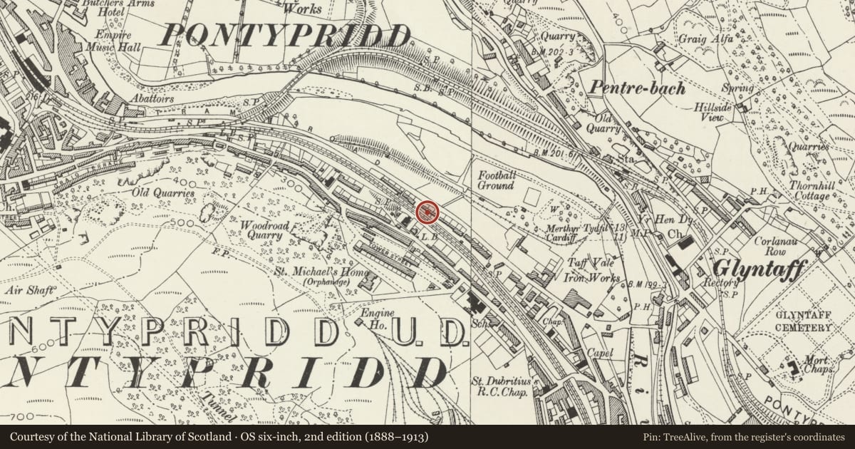 Ordnance Survey six-inch map, 2nd edition (1888–1913) covering the location of 174-5 Broadway, Pontypridd, Rhondda Cynon Taff, with a pin at the register's coordinates