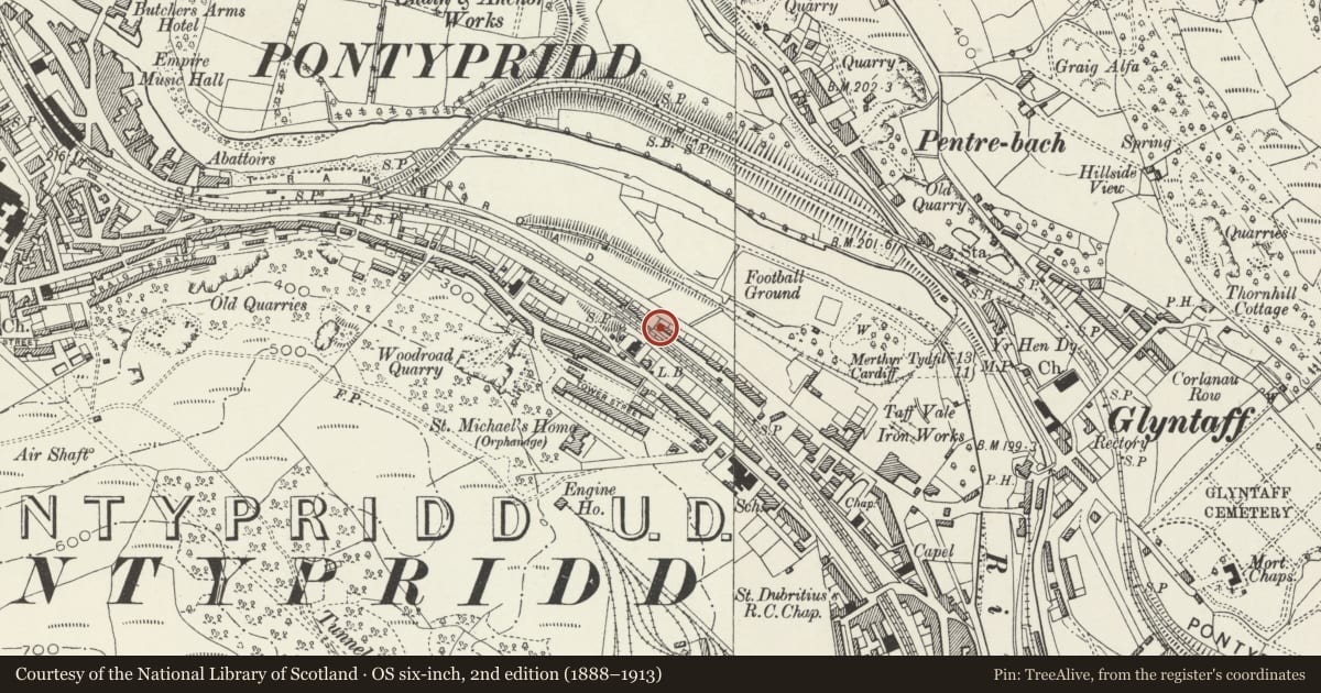 Ordnance Survey six-inch map, 2nd edition (1888–1913) covering the location of 176 Broadway, Pontypridd, Rhondda Cynon Taff, with a pin at the register's coordinates