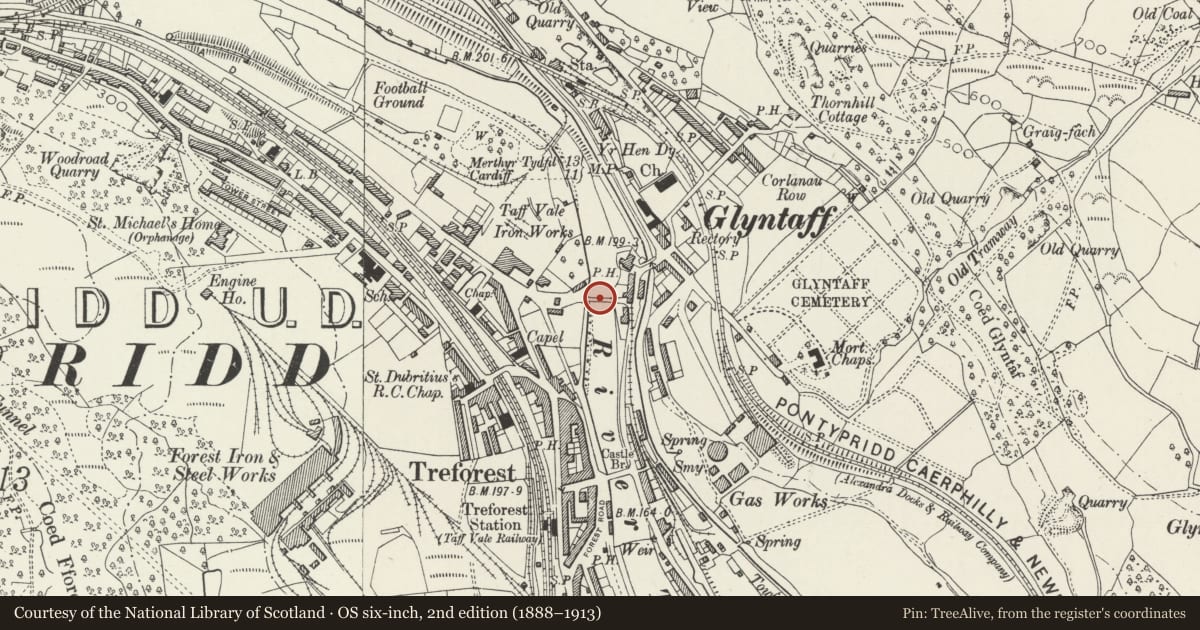 Ordnance Survey six-inch map, 2nd edition (1888–1913) covering the location of Machine Bridge (also known as Pont y Doctor), Pontypridd, Rhondda Cynon Taff, with a pin at the register's coordinates