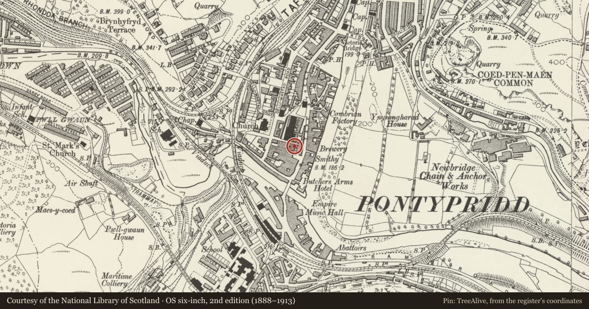 Ordnance Survey six-inch map, 2nd edition (1888–1913) covering the location of Lloyds TSB Bank, Market Square branch, Pontypridd, Rhondda Cynon Taff, with a pin at the register's coordinates