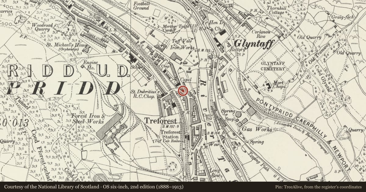 Ordnance Survey six-inch map, 2nd edition (1888–1913) covering the location of Mr Snooker's Club (formerly Cecil Cinema), Pontypridd, Rhondda Cynon Taff, with a pin at the register's coordinates