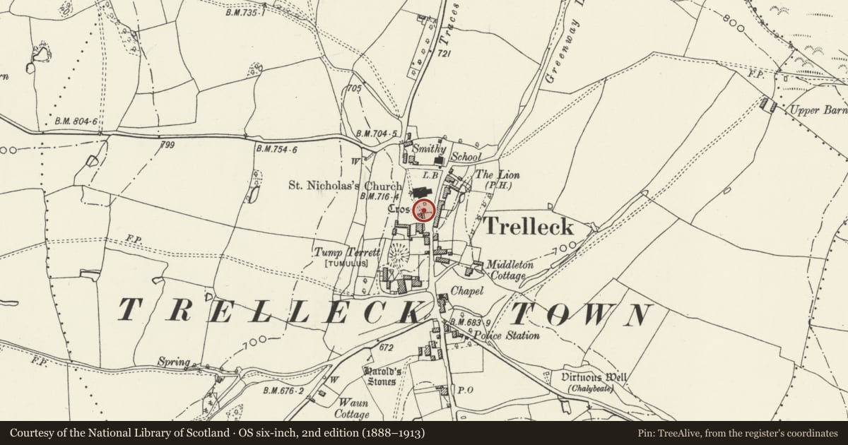 Ordnance Survey six-inch map, 2nd edition (1888–1913) covering the location of Lychgate of the Church of St Nicholas, Trellech United, Monmouthshire, with a pin at the register's coordinates